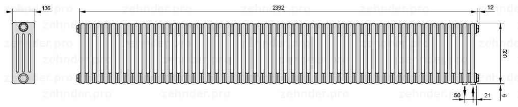 Схема (чертеж) Радиатор Zehnder Charleston 4050/52 №5510 Белый глянцевый RAL 9016